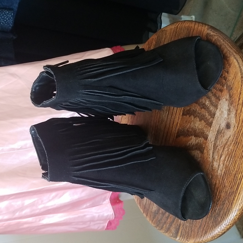 Carlos Santana Black Suede Fringe peekaboo toe backless high heel ankle boot